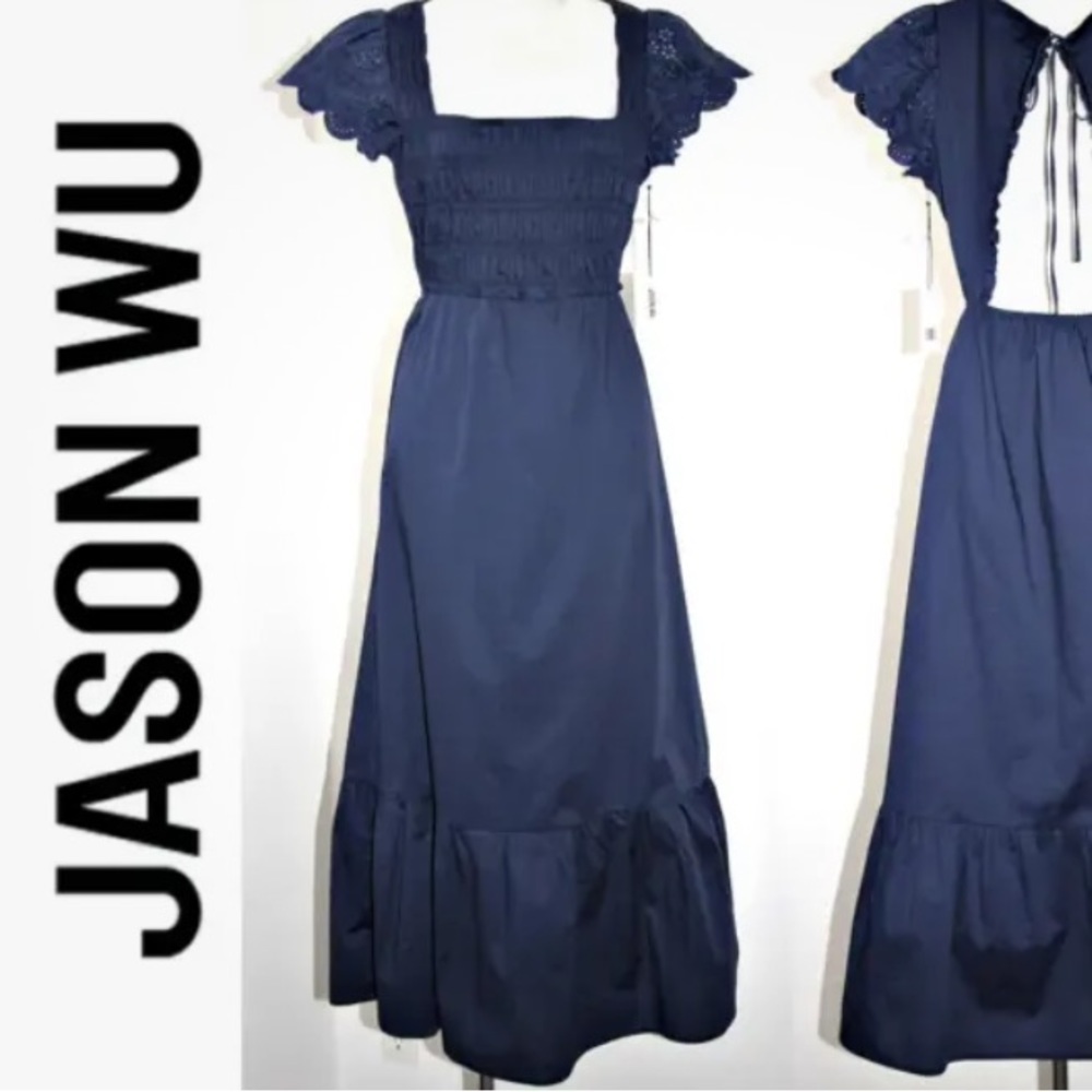 Jason Wu Cut Out Back Eyelet Flutter Sleeves 50"Long Maxi Dress in Navy  M